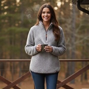 Life Integrity‎ Sweater Women's Size L Earth Sherpa Fleece 1/4 Zip Pullover Gray